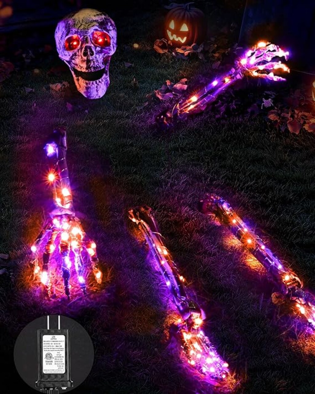 Halloween Decorations Outdoor Skeleton, Realistic Skull 5 Piece Set with 128 LED Lights Graveyard Bone, Glowing Stakes with Limbs for Yard Lawn Garden Party Decor (Orange & Purple)